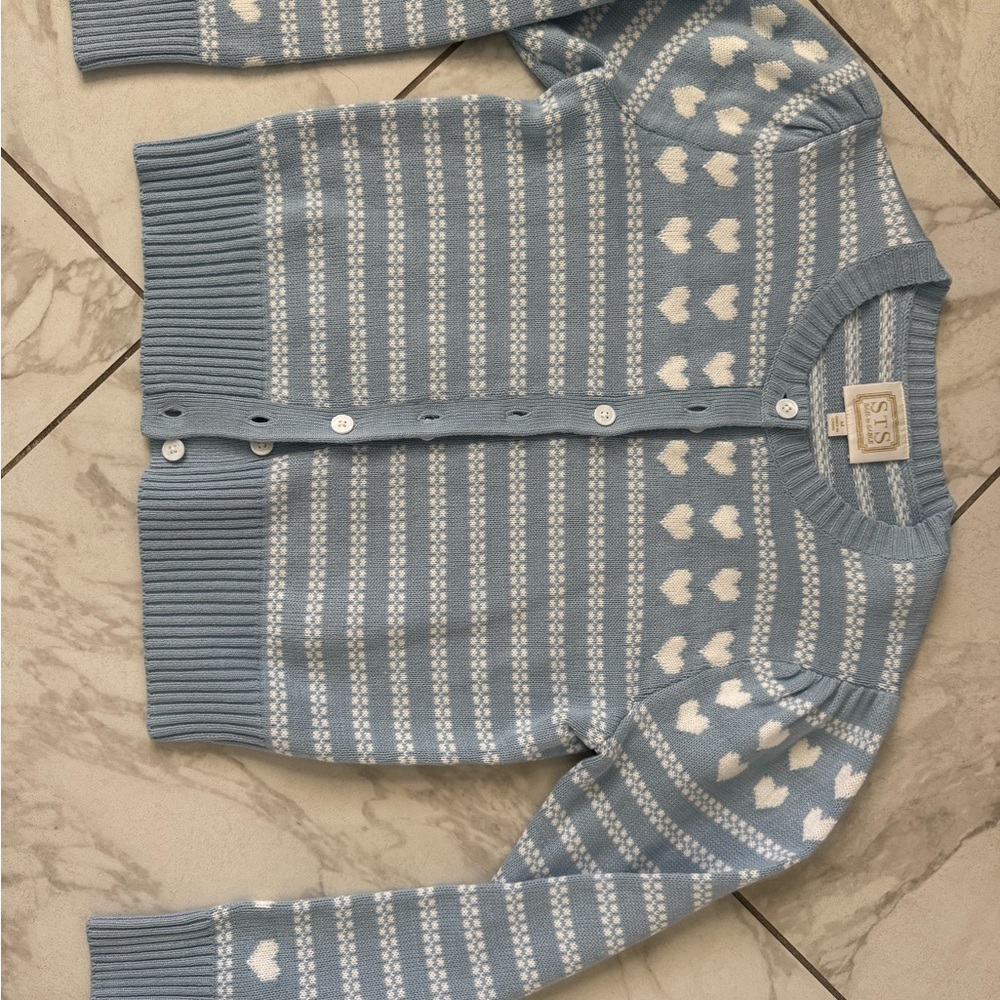 Sail to Sable Light Blue and White Heart Pattern Cardigan